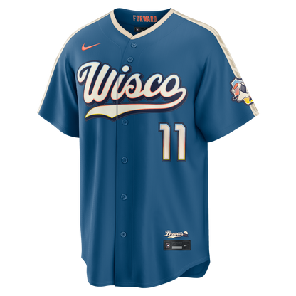 Milwaukee Brewers Jackson Chourio Nike Mineral Blue 2026 City Connect Stadium Jersey