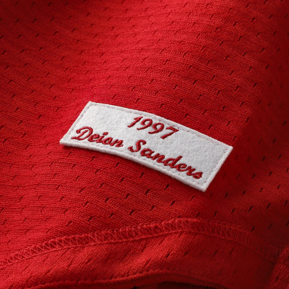 Cincinnati Reds Deion Sanders Mitchell & Ness Red Cooperstown Mesh Batting Practice Button-Up Jersey